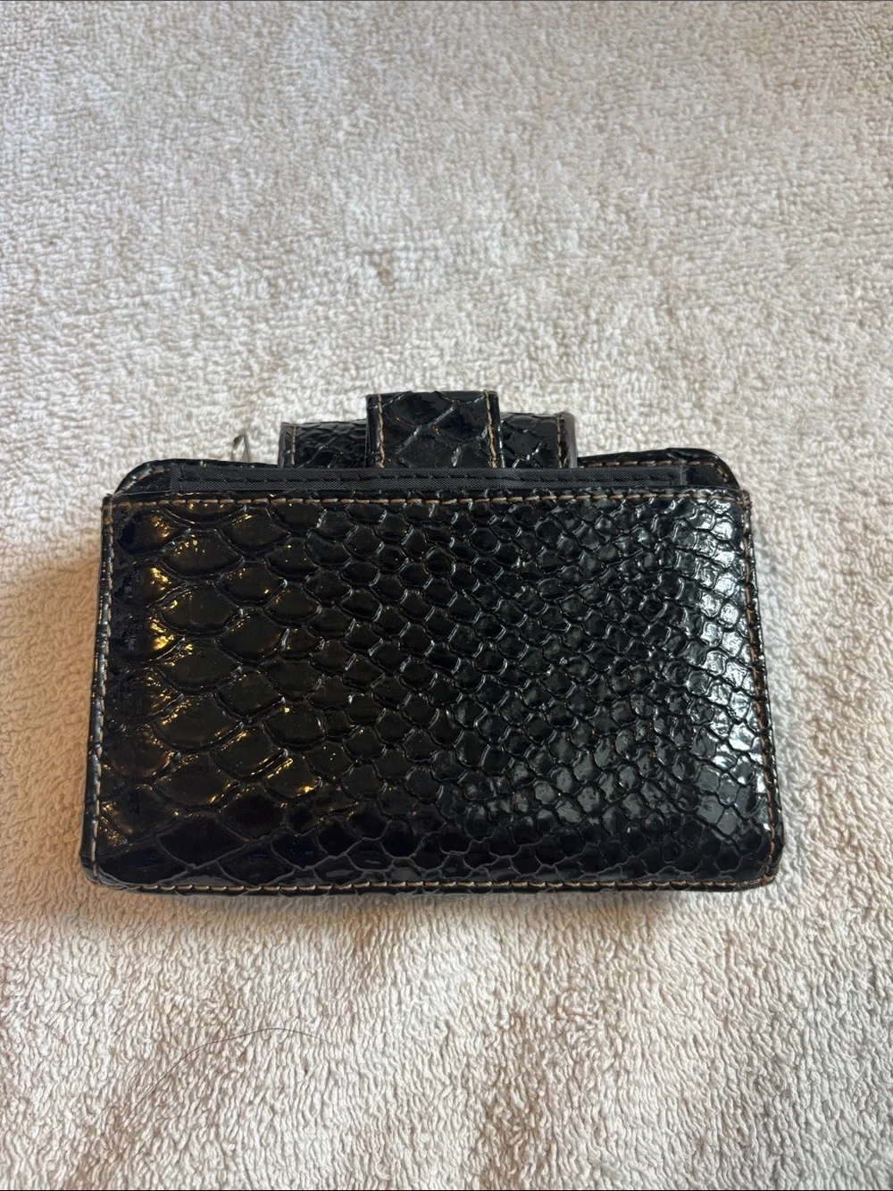 Black Patent Croc Card Wallet with Oval Metal Accent
